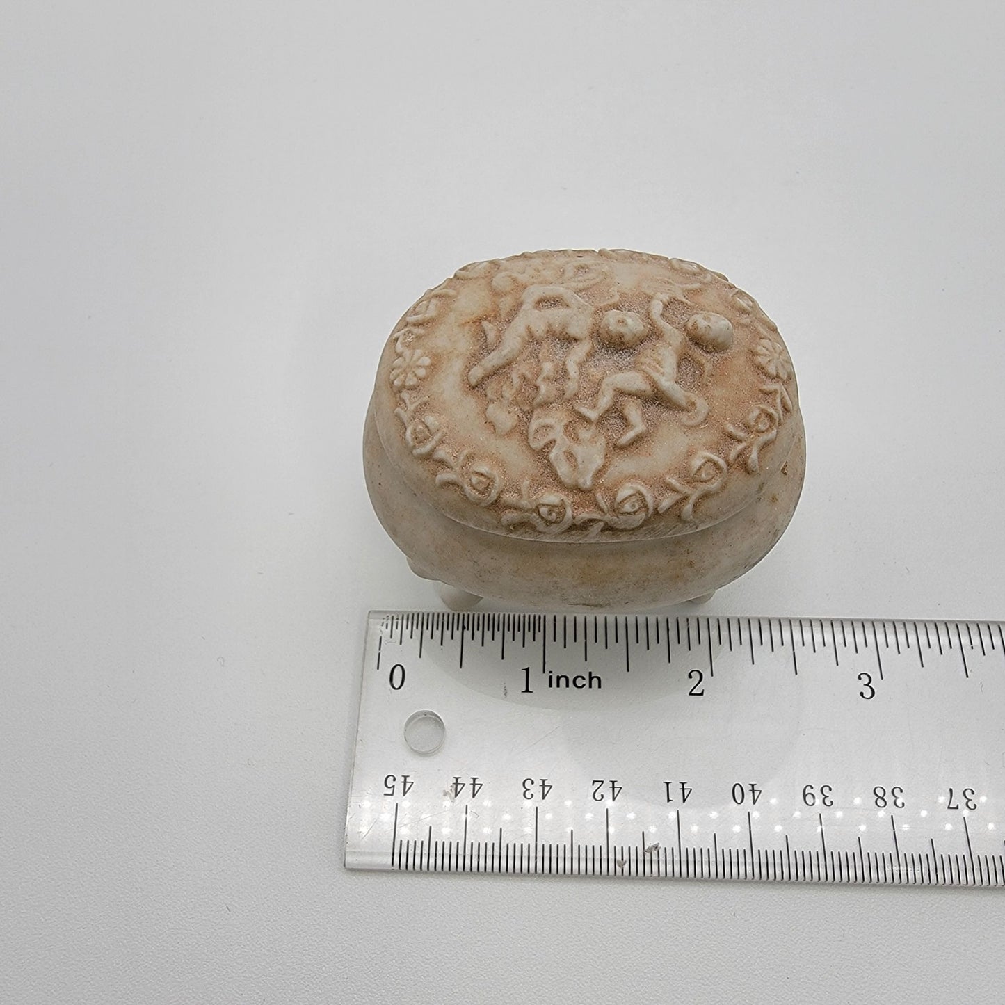 Dainty Lefton Footed Bisque Porcelain Trinket Box Cherub Motif