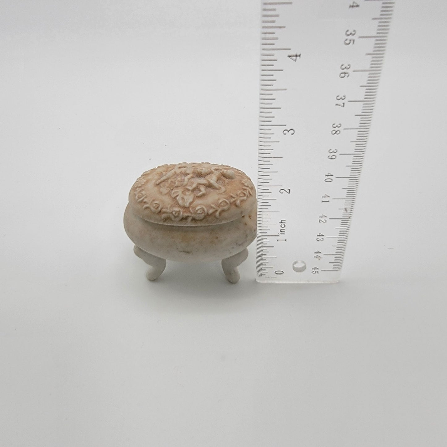 Dainty Lefton Footed Bisque Porcelain Trinket Box Cherub Motif