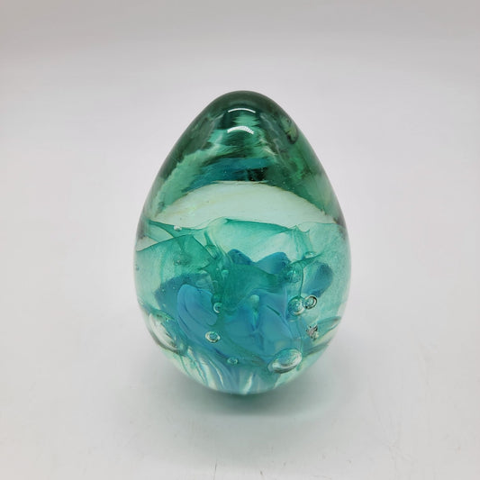 Vintage Aqua Blue Swirl Art Glass Egg Paperweight