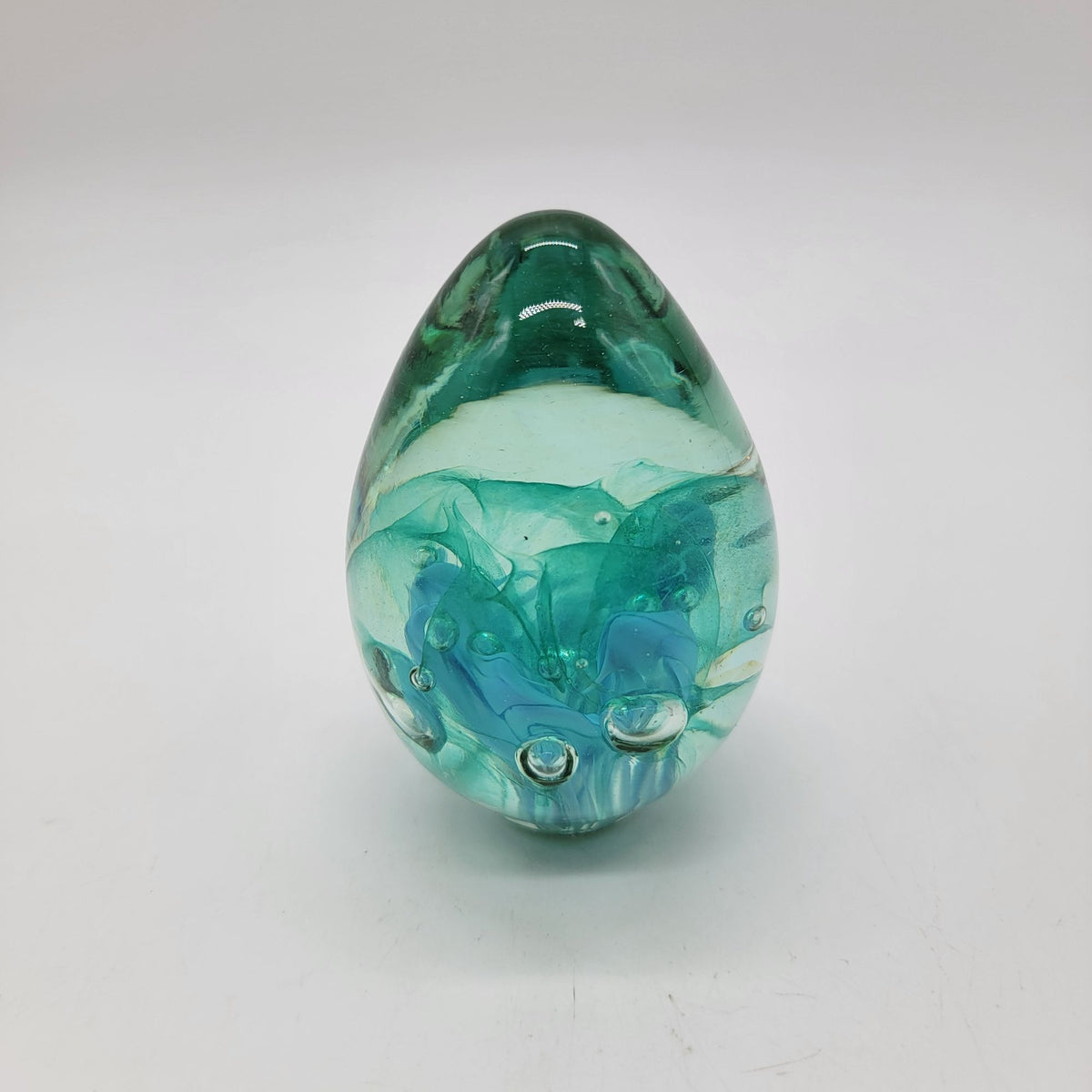 Vintage Aqua Blue Swirl Art Glass Egg Paperweight