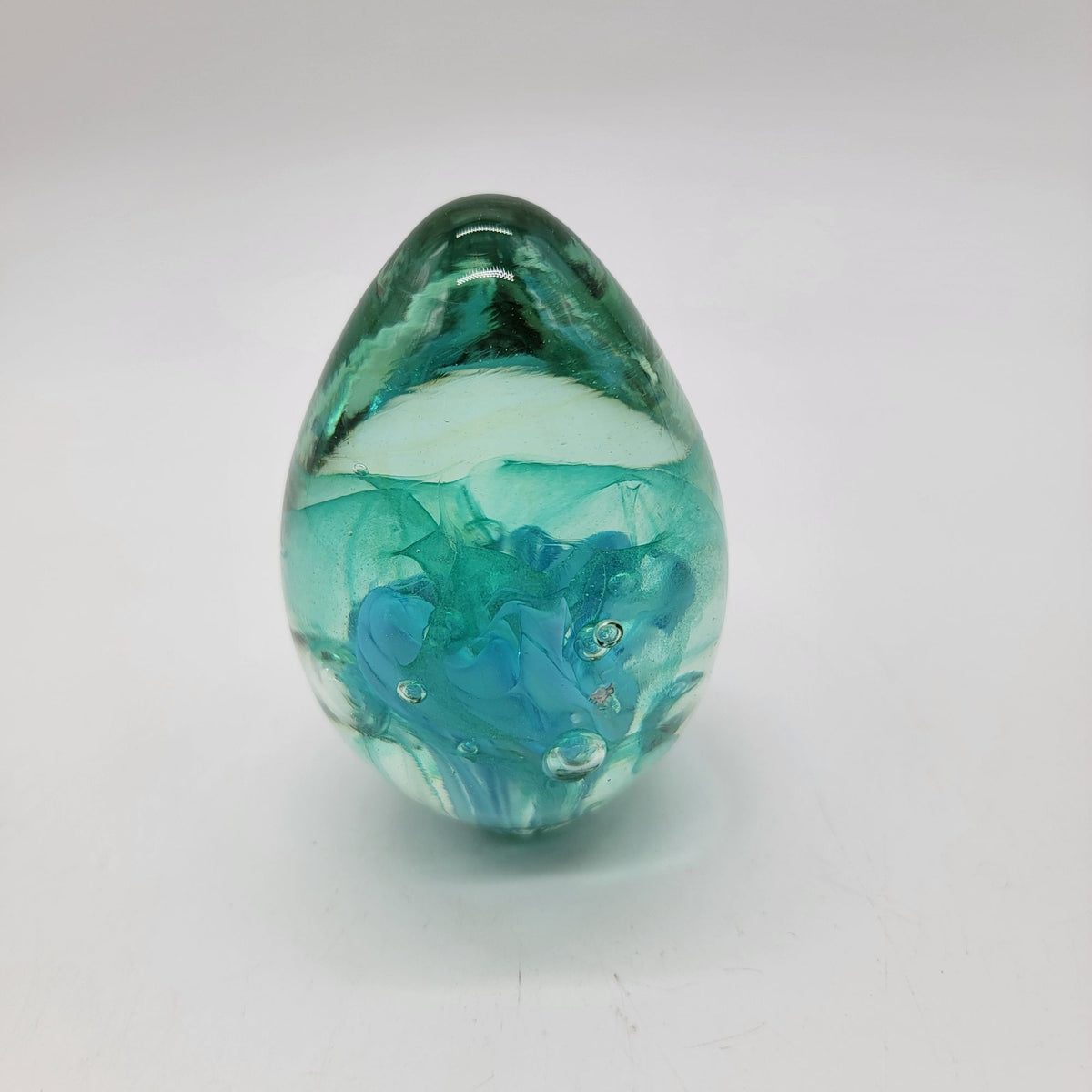 Vintage Aqua Blue Swirl Art Glass Egg Paperweight
