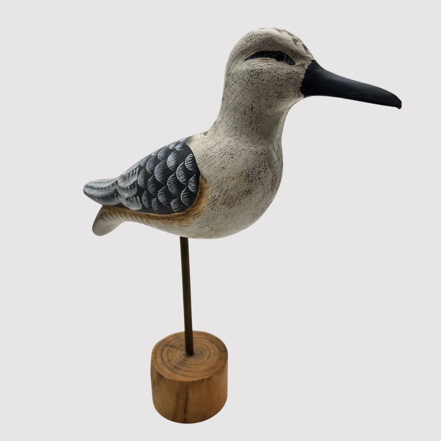 Vintage Hand-Carved Wooden Shorebird Decoy On Round Base