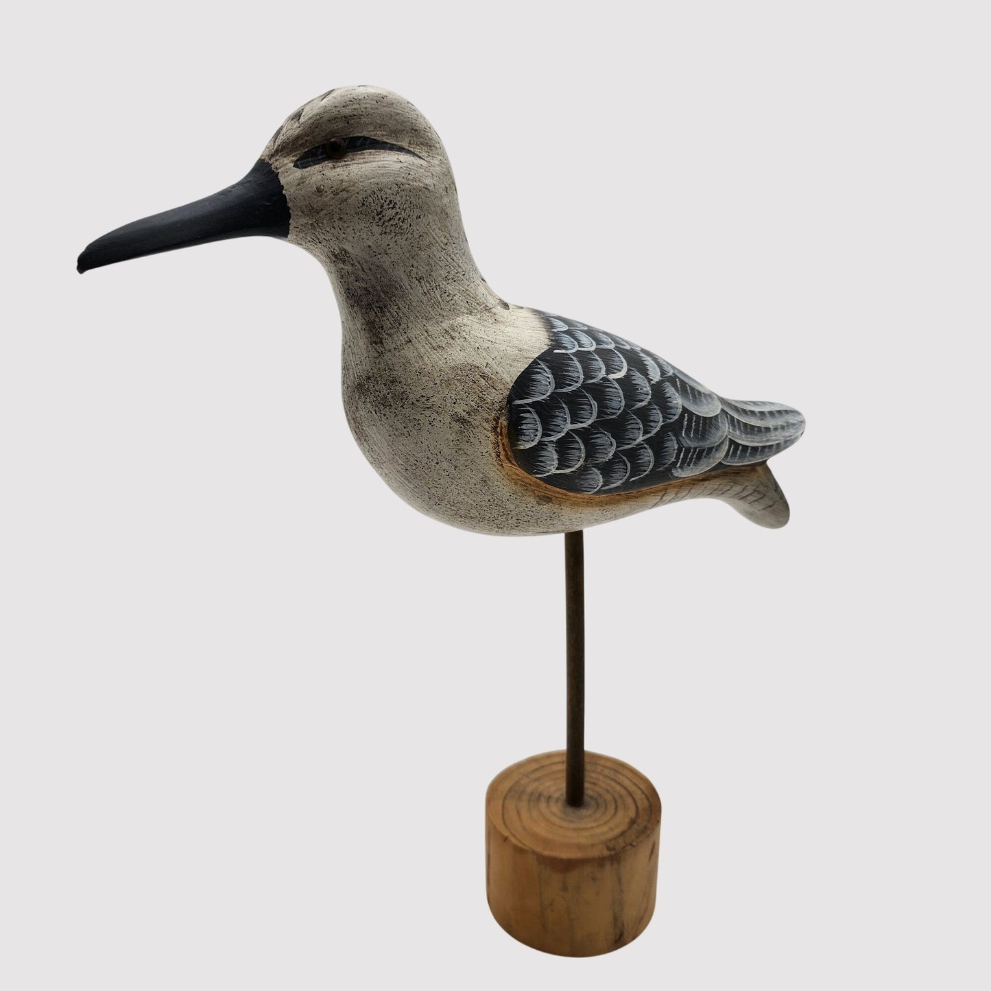 Vintage Hand-Carved Wooden Shorebird Decoy On Round Base