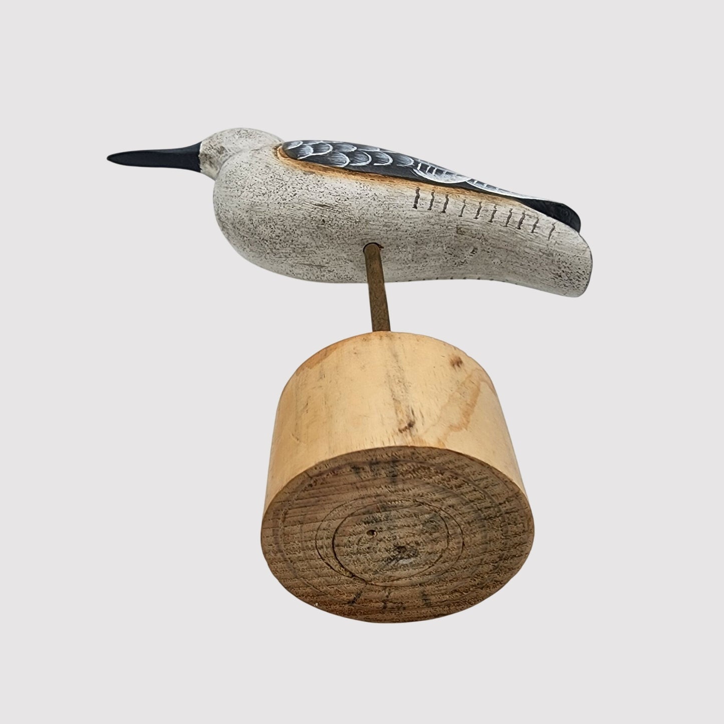 Vintage Hand-Carved Wooden Shorebird Decoy On Round Base
