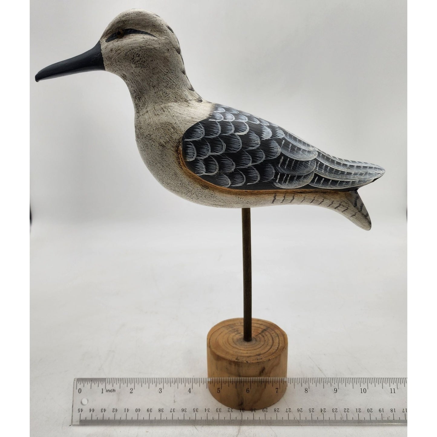 Vintage Hand-Carved Wooden Shorebird Decoy On Round Base