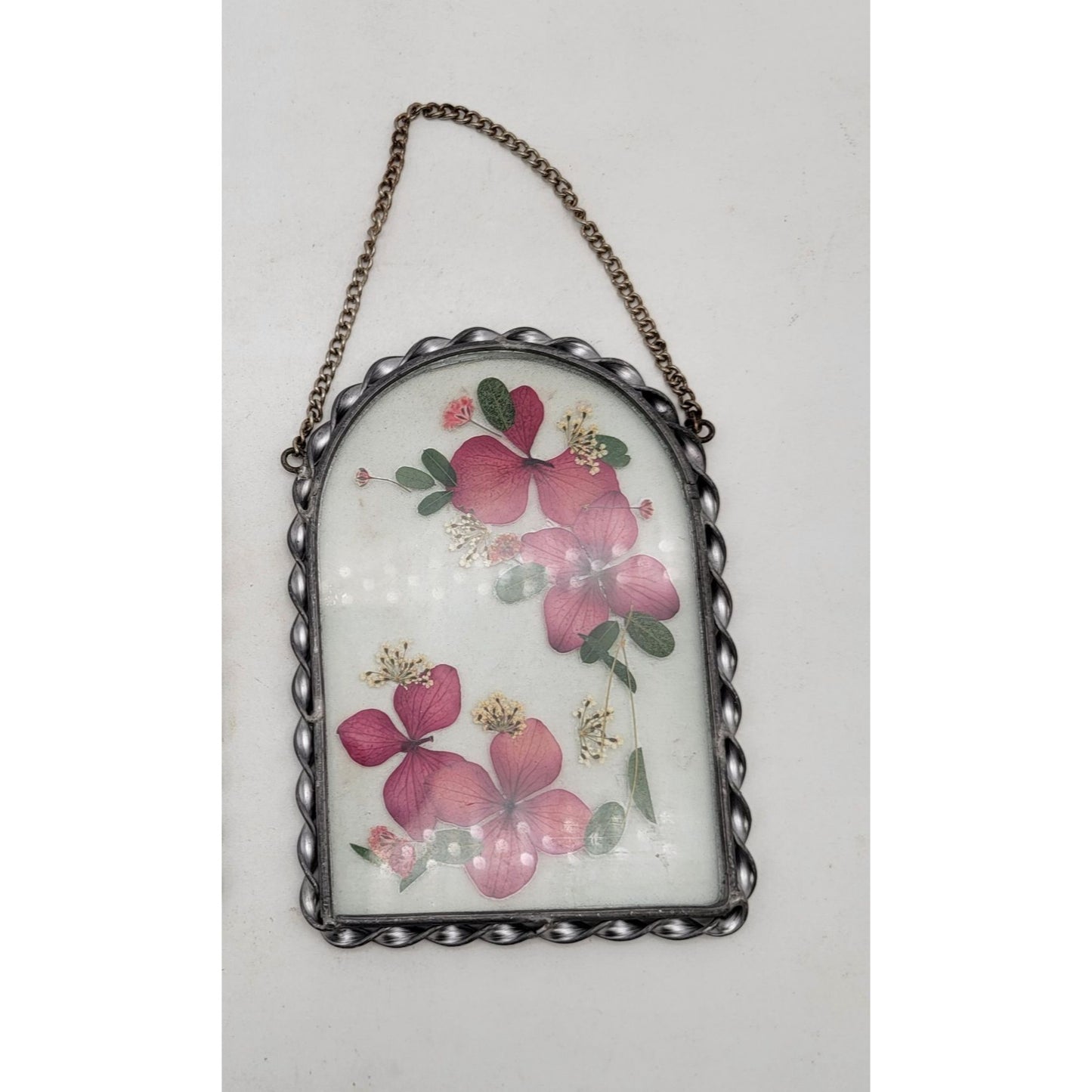 Vintage Pressed Flowers Glass Suncatcher Wall Hanging Dark Pink