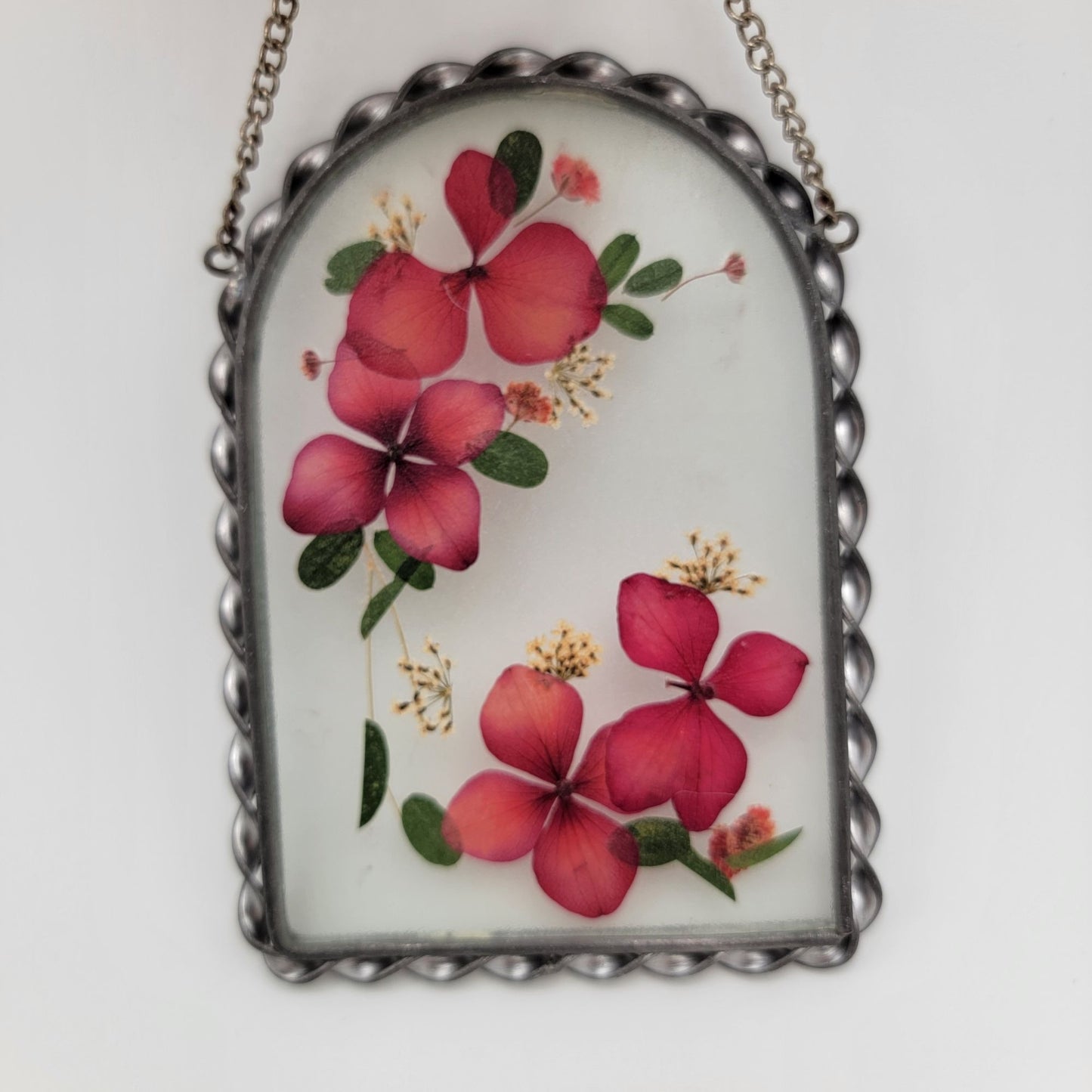 Vintage Pressed Flowers Glass Suncatcher Wall Hanging Dark Pink