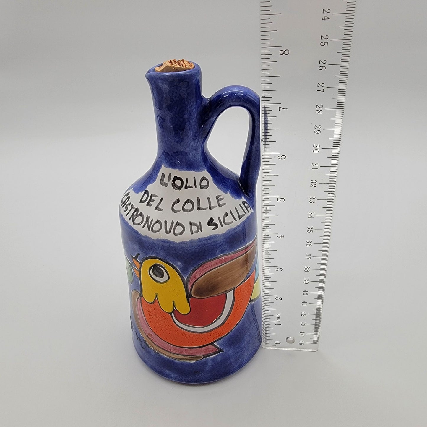 Nino Parrucca Hand-Painted Italian Terracotta Olive Oil Bottle Bird