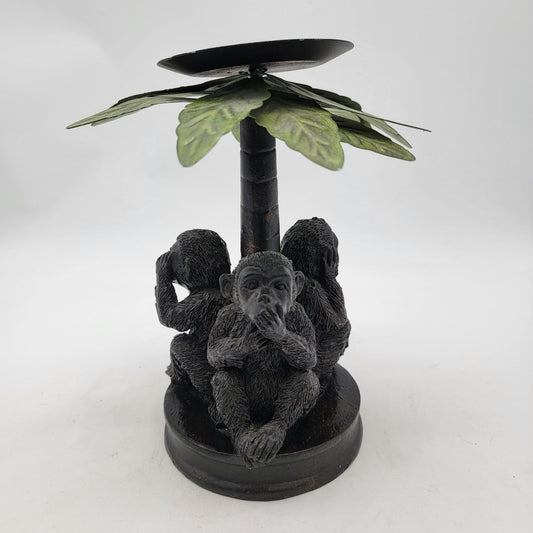 Three Wise Monkeys Candle Holder With Palm Leaf Shade