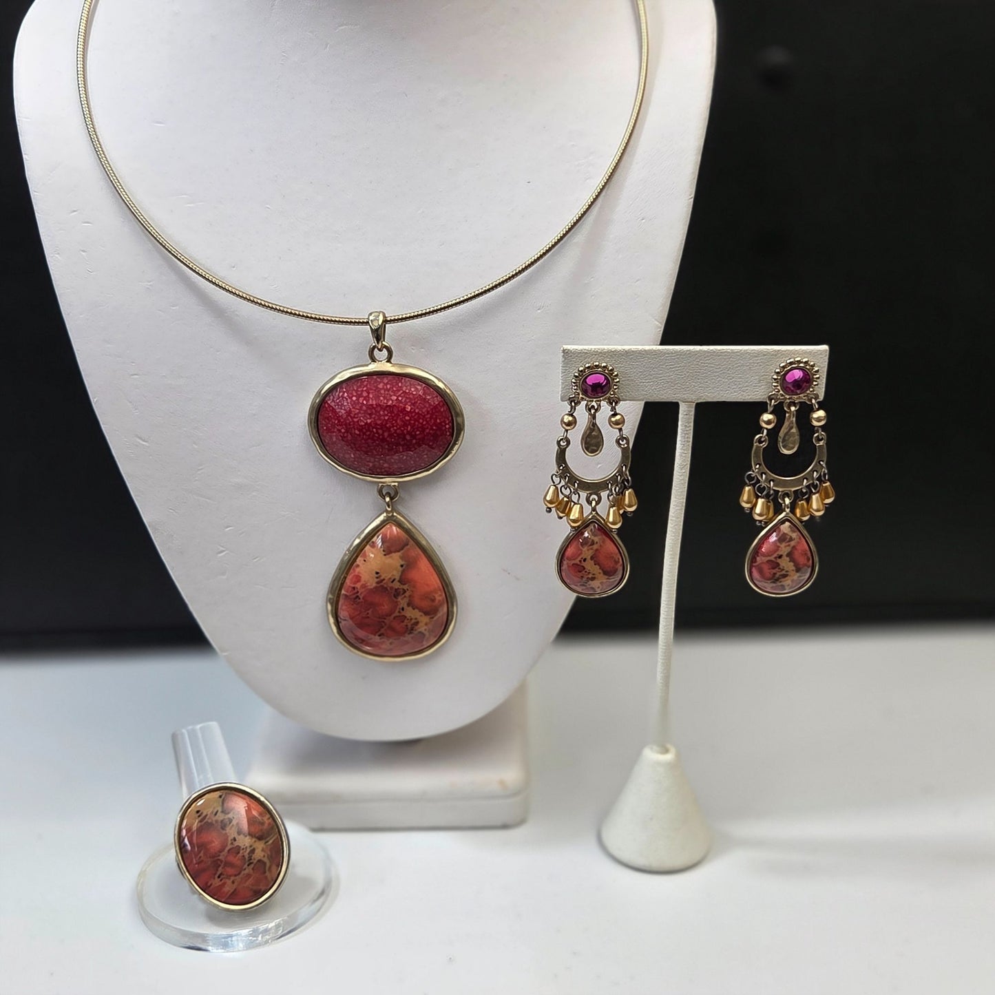 Chicos Birds Eye Jasper Pendant Necklace Ring & Earrings Set