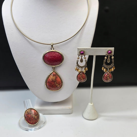 Chicos Birds Eye Jasper Pendant Necklace Ring & Earrings Set
