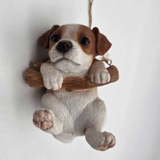 Jack Russell Puppy Hanging On Swing Outdoor Figurine