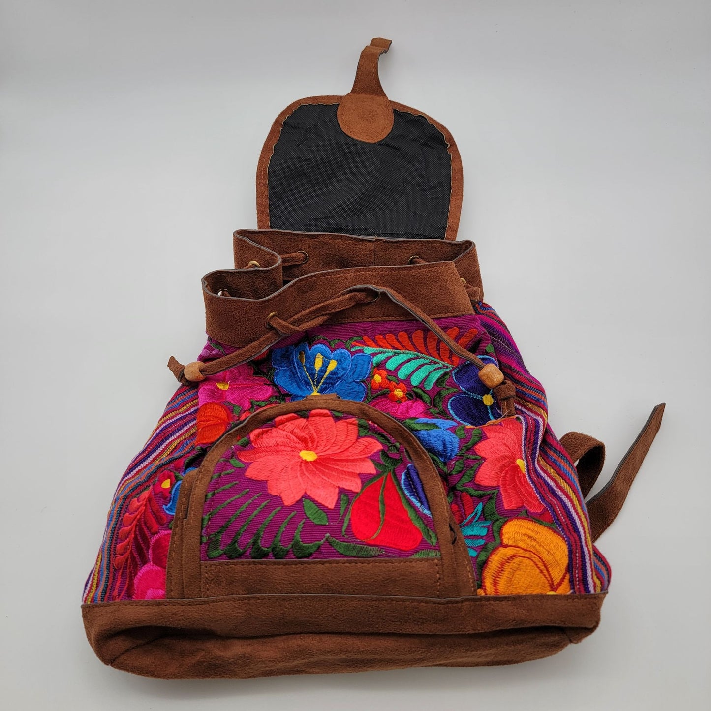 Handmade Guatemalan Floral Embroidered Leather Backpack
