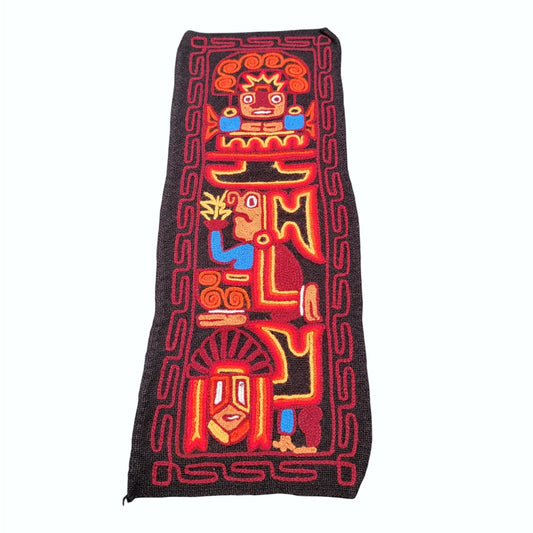 Vintage Peruvian Inca Folk Art Embroidered Wool Wall Hanging Red & Black Tapestry