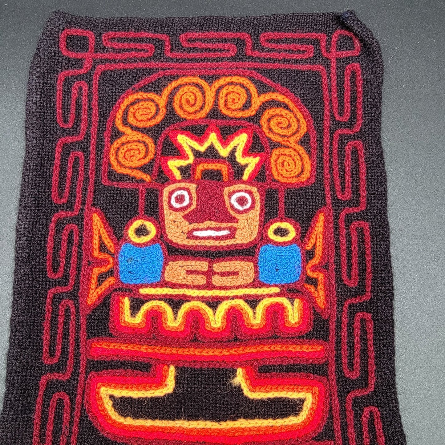 Vintage Peruvian Inca Folk Art Embroidered Wool Wall Hanging Red & Black Tapestry