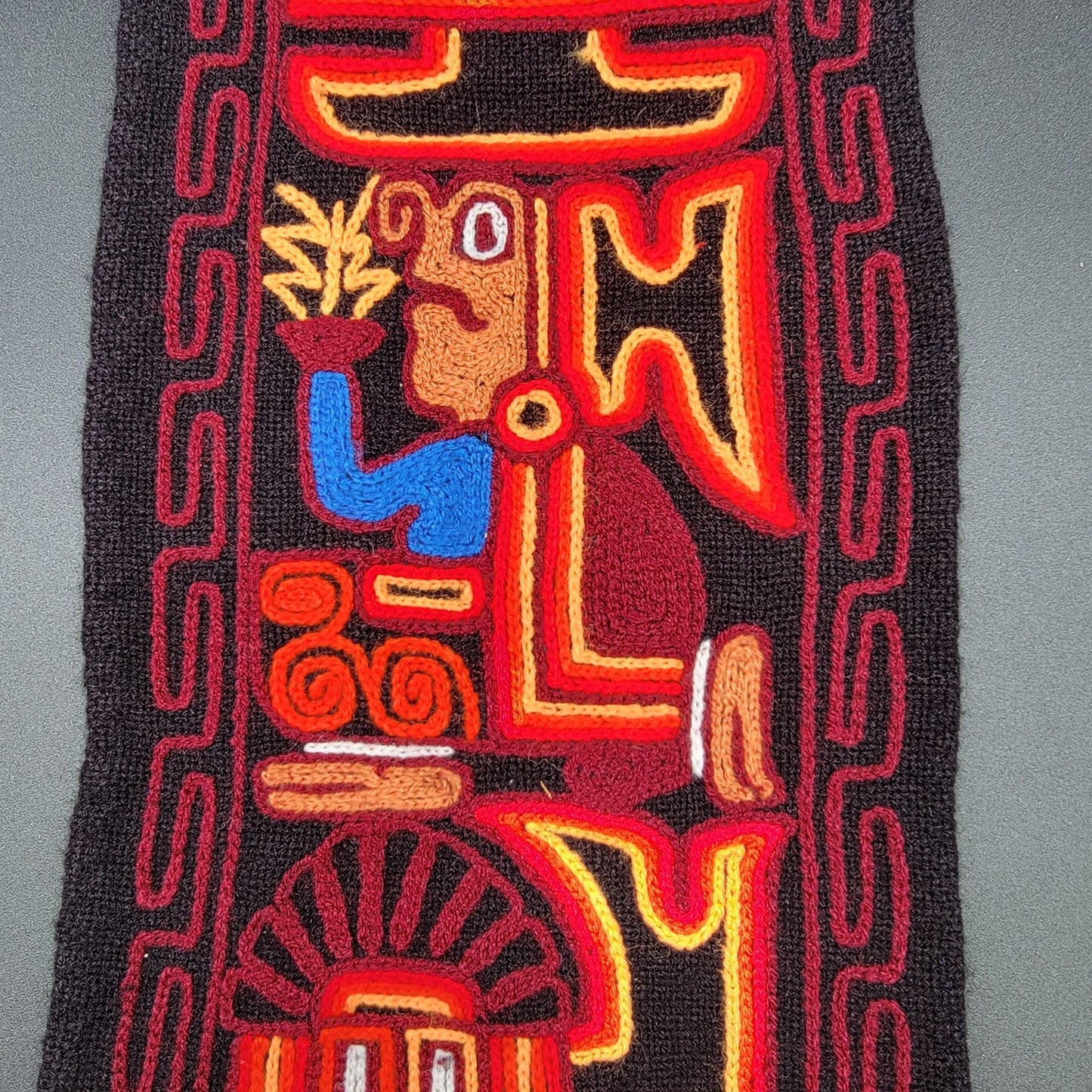 Vintage Peruvian Inca Folk Art Embroidered Wool Wall Hanging Red & Black Tapestry
