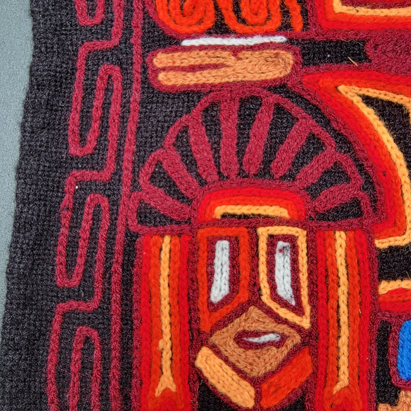 Vintage Peruvian Inca Folk Art Embroidered Wool Wall Hanging Red & Black Tapestry