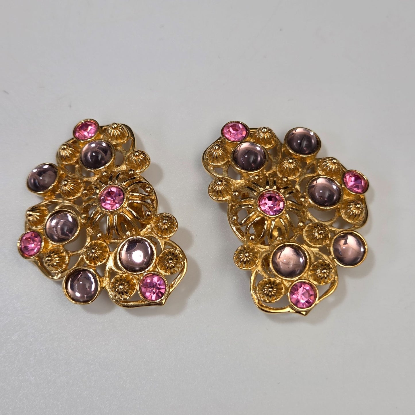 Vintage Barrera For Avon Clip-On Earrings With Pink Purple Rhinestones