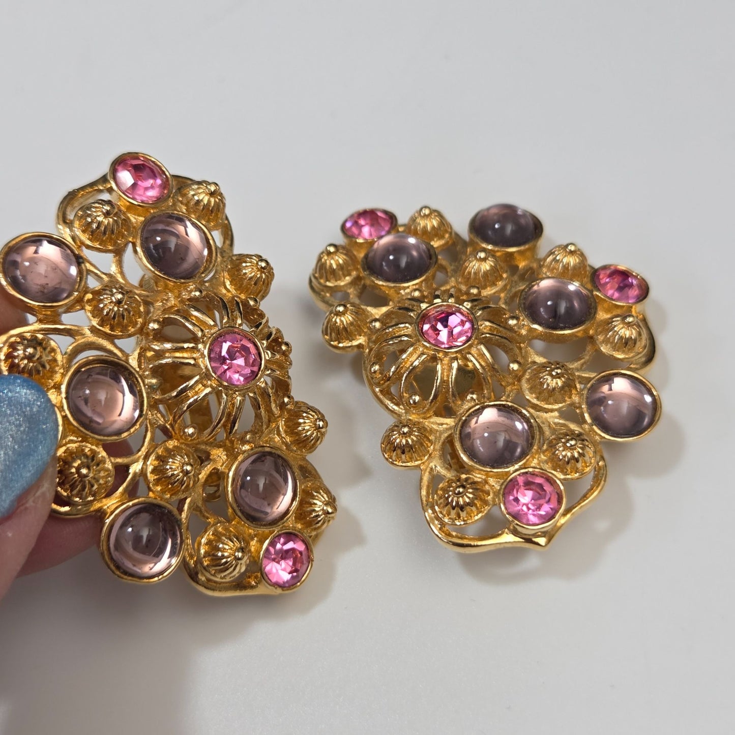 Vintage Barrera For Avon Clip-On Earrings With Pink Purple Rhinestones
