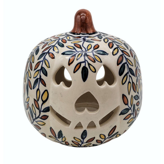 Talavera Style Halloween Pumpkin Jack-O-Lantern White with All over Leaf Pattern