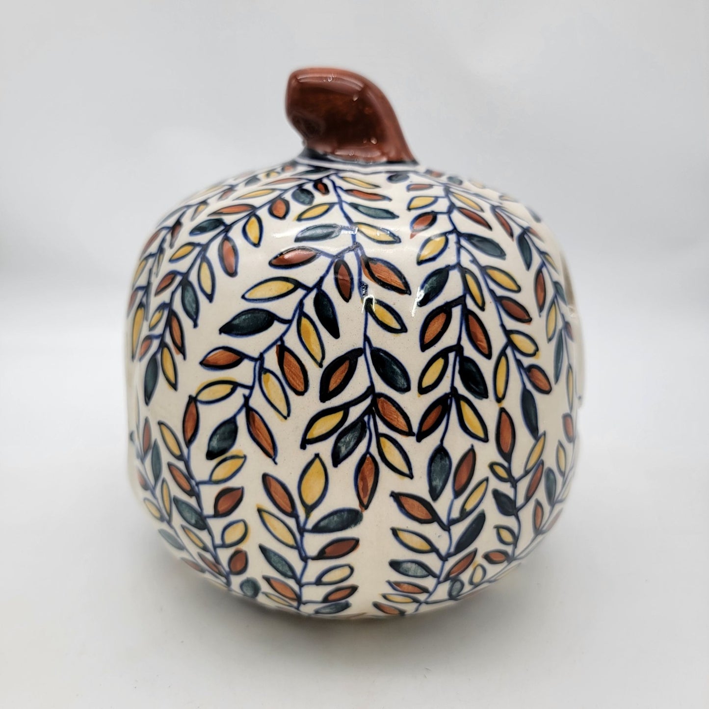 Talavera Style Halloween Pumpkin Jack-O-Lantern White with All over Leaf Pattern