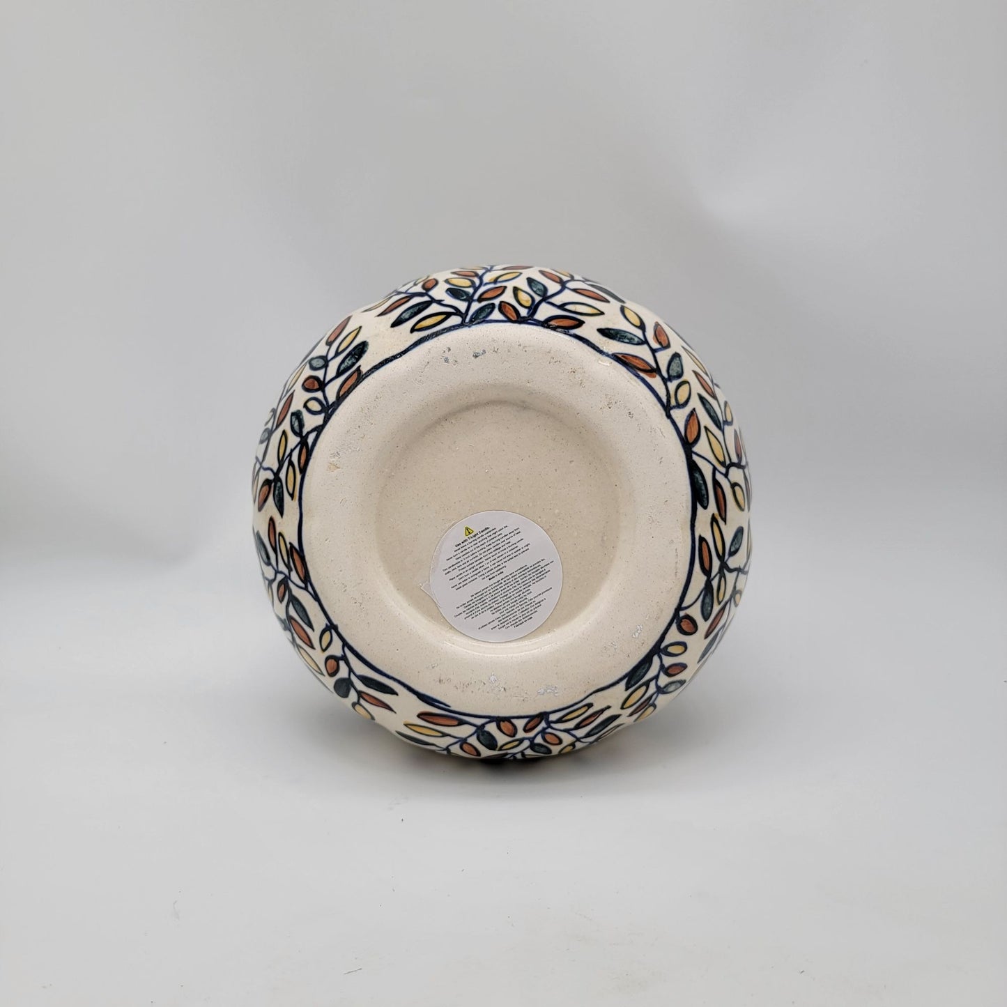 Talavera Style Halloween Pumpkin Jack-O-Lantern White with All over Leaf Pattern