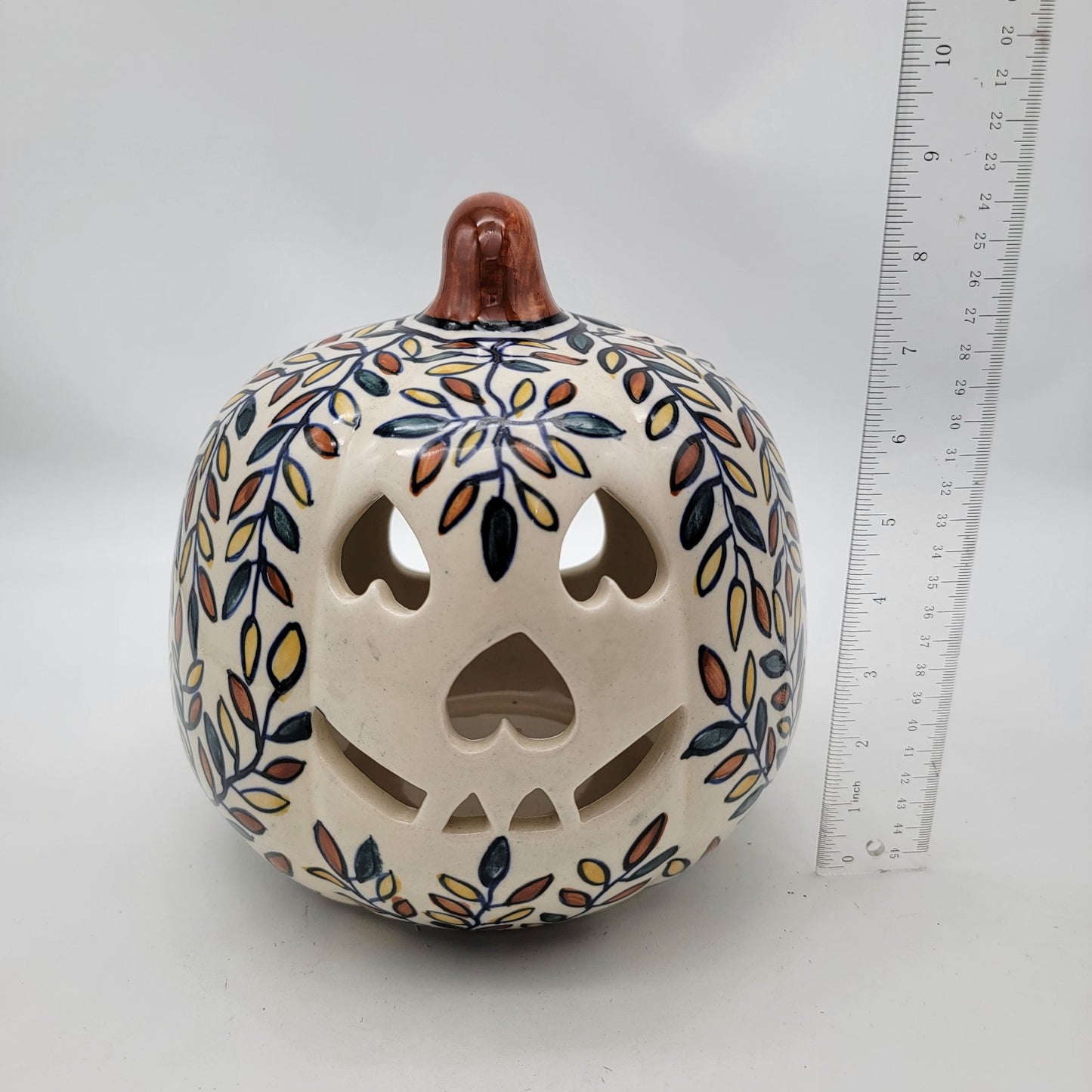 Talavera Style Halloween Pumpkin Jack-O-Lantern White with All over Leaf Pattern