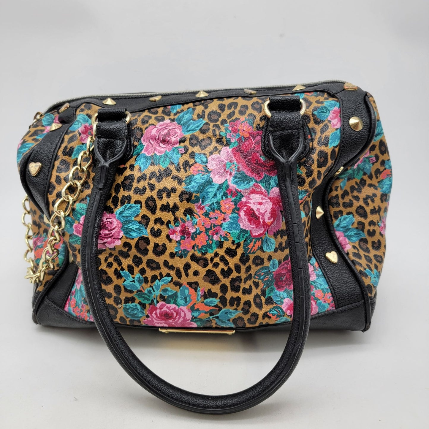 Betsey Johnson Leopard & Roses Satchel Purse