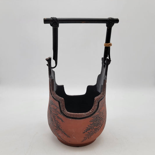 Vintage Handcrafted Terracotta Planter With Bamboo Handle