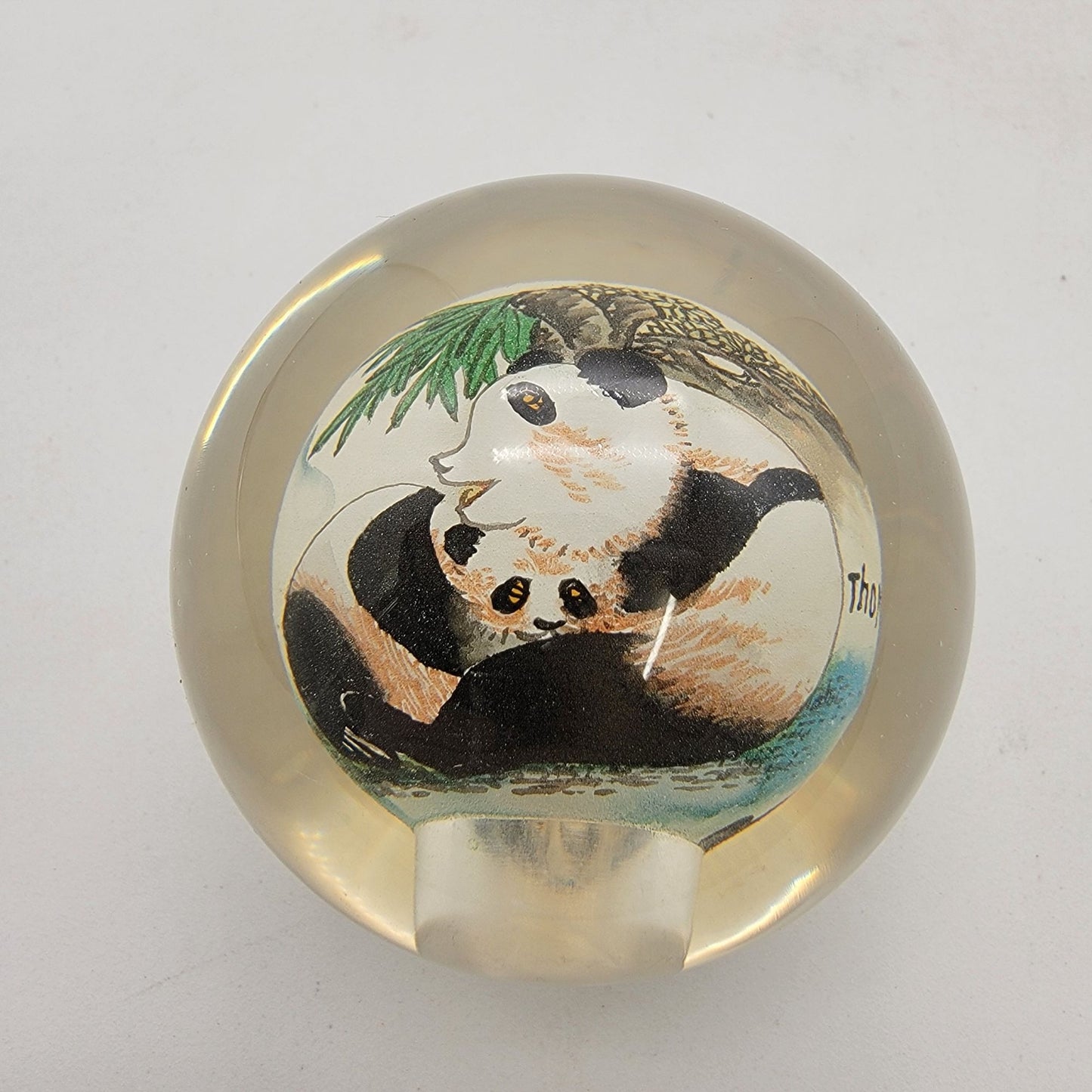Reverse Hand Painted Art Glass Panda Paperweight Signed Thomte