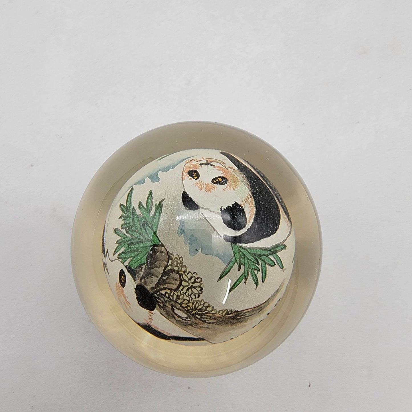 Reverse Hand Painted Art Glass Panda Paperweight Signed Thomte