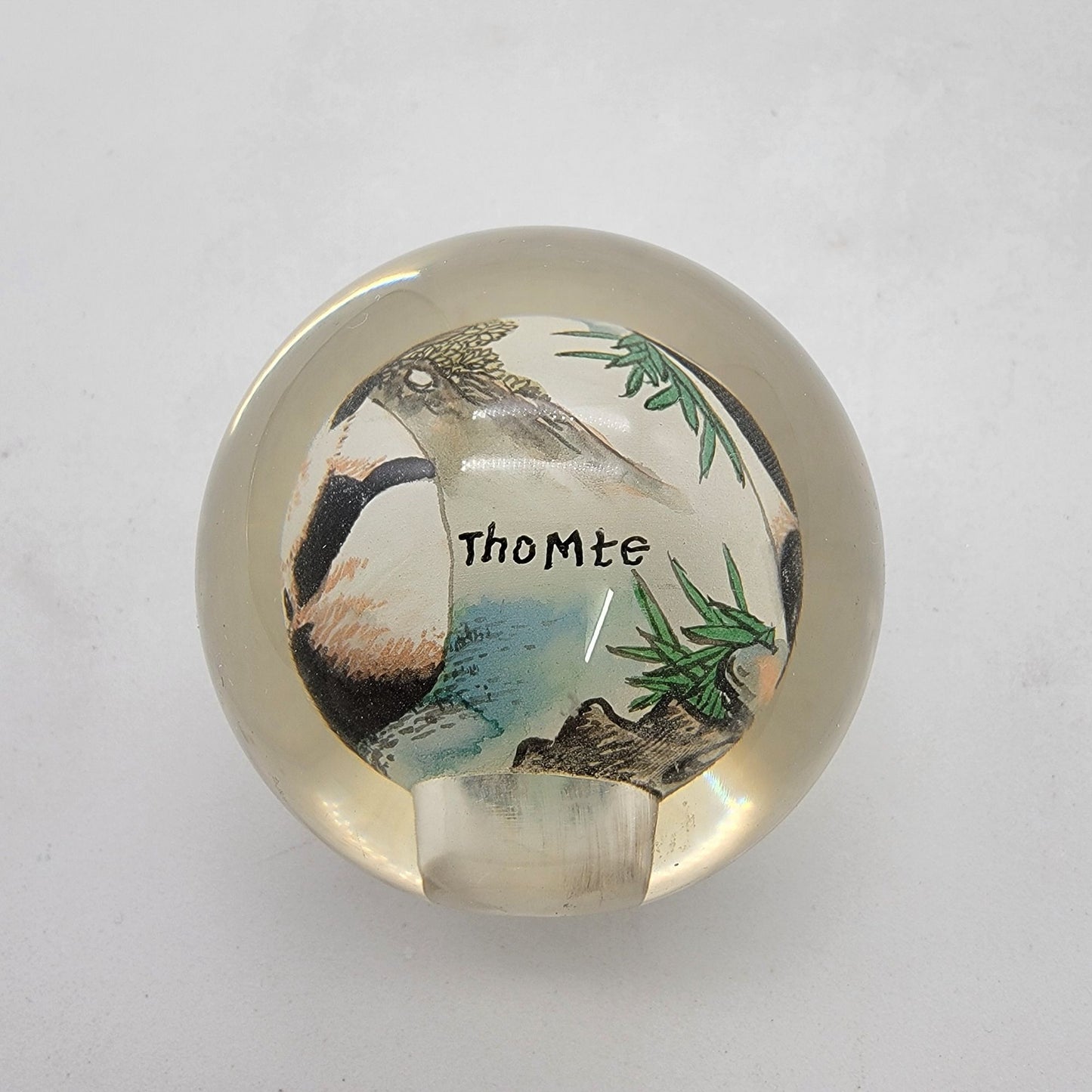Reverse Hand Painted Art Glass Panda Paperweight Signed Thomte