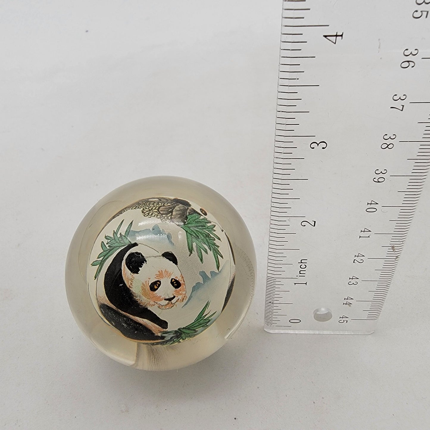 Reverse Hand Painted Art Glass Panda Paperweight Signed Thomte