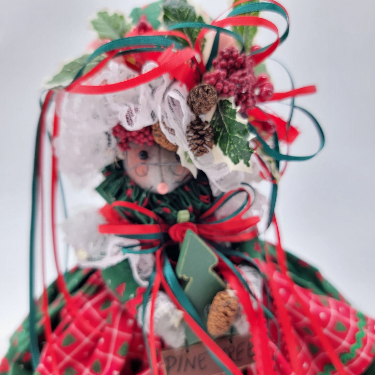 Vintage Handmade Christmas Mouse Doll In Green & Red
