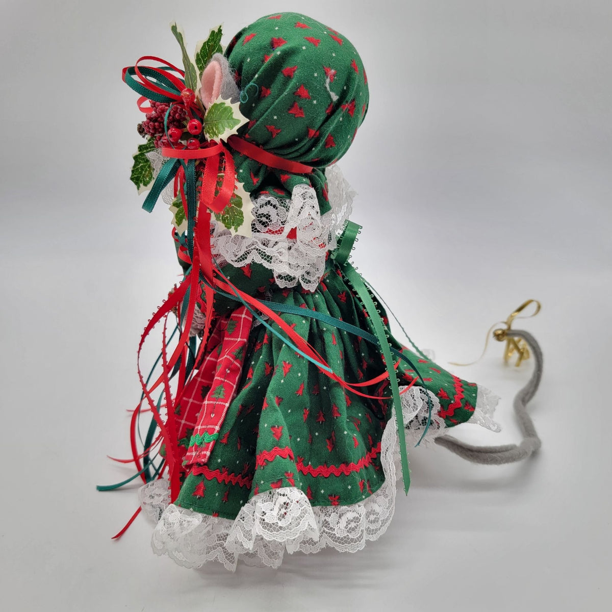 Vintage Handmade Christmas Mouse Doll In Green & Red