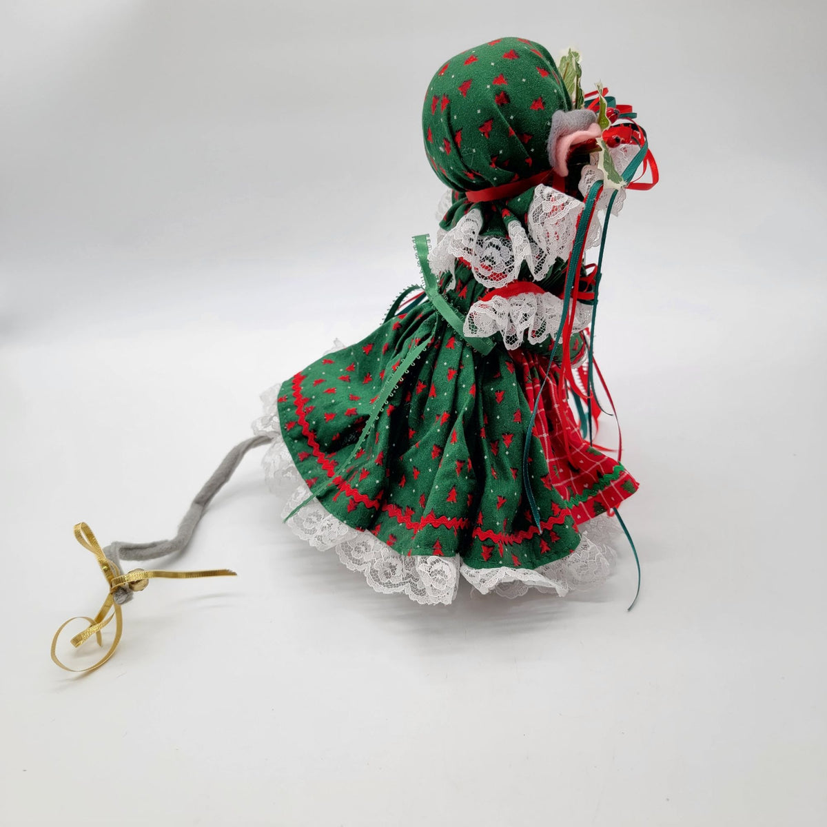 Vintage Handmade Christmas Mouse Doll In Green & Red
