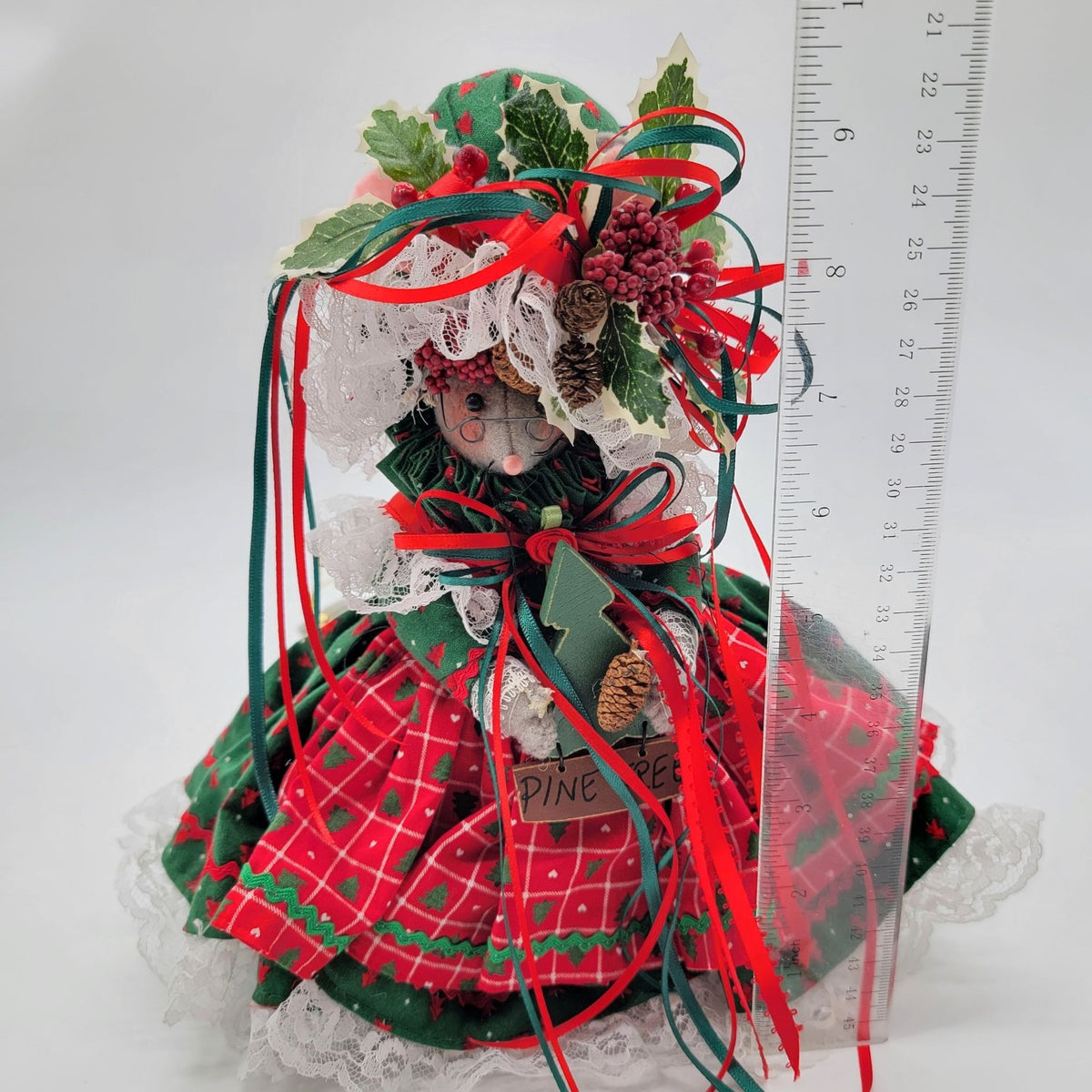 Vintage Handmade Christmas Mouse Doll In Green & Red