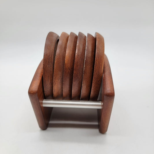 Vintage Wood & Cork Coaster Set With Holder