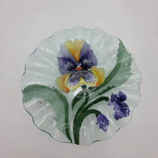 Syndenstricker Fused Glass Purple & Yellow Pansy Bowl