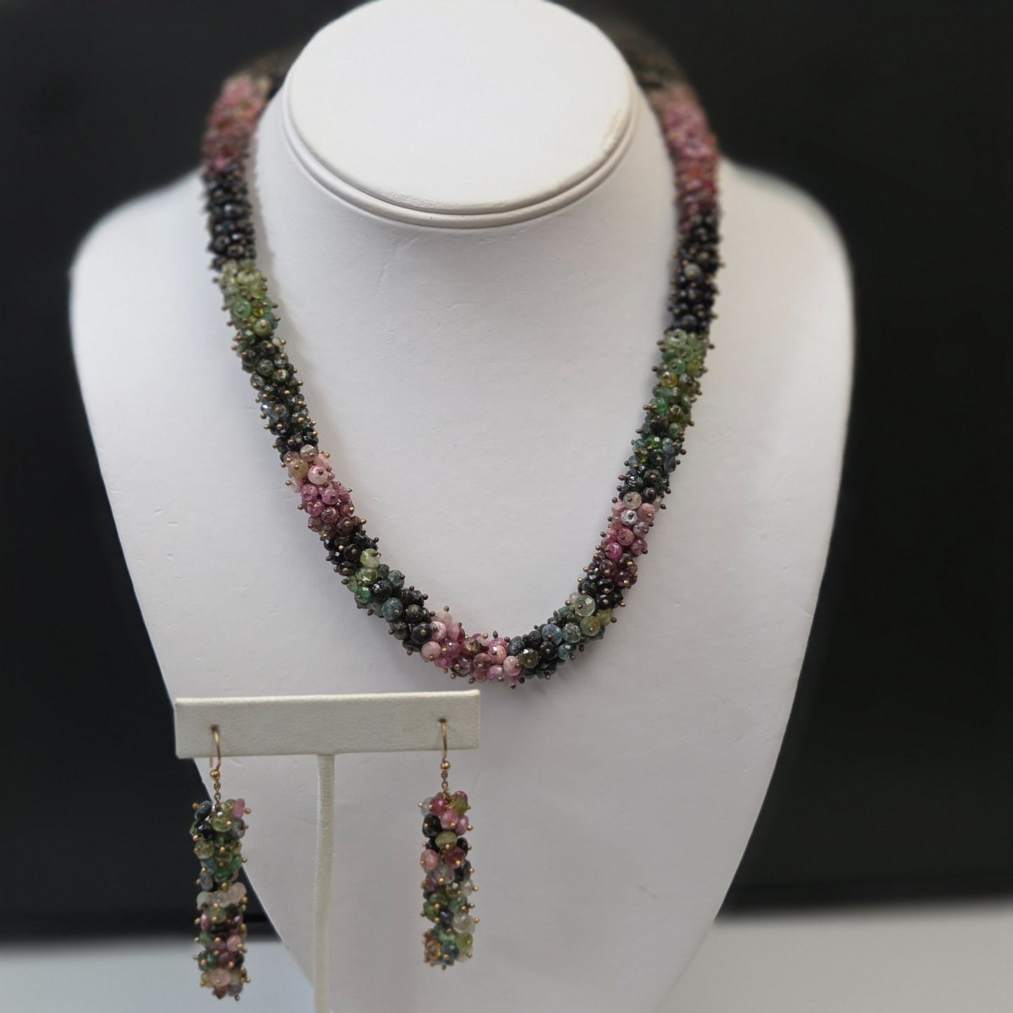 Multi-Tourmaline Gemstone Rondelle Beaded Earrings & Necklace Set