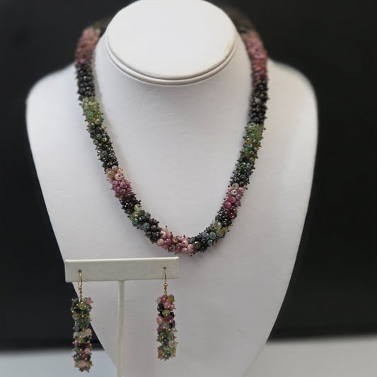 Multi-Tourmaline Gemstone Rondelle Beaded Earrings & Necklace Set
