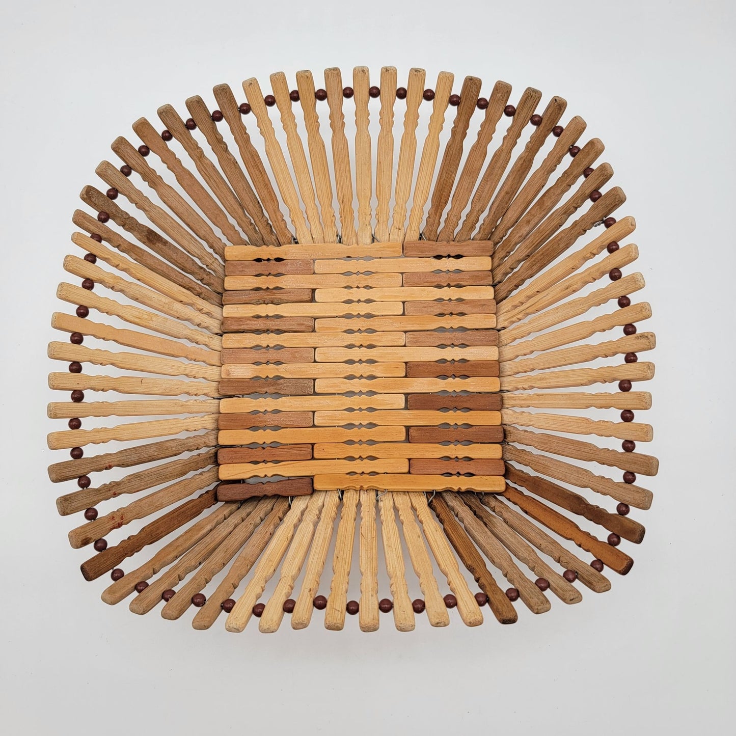 Vintage Bamboo Wood Bead Fruit Basket Square