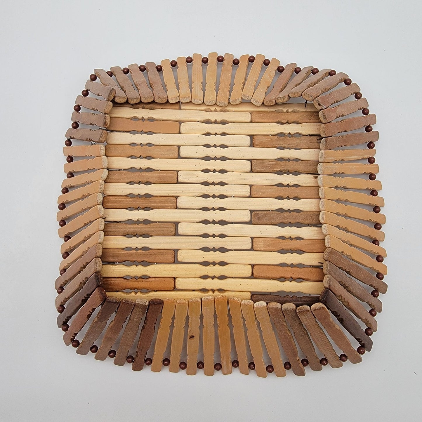 Vintage Bamboo Wood Bead Fruit Basket Square