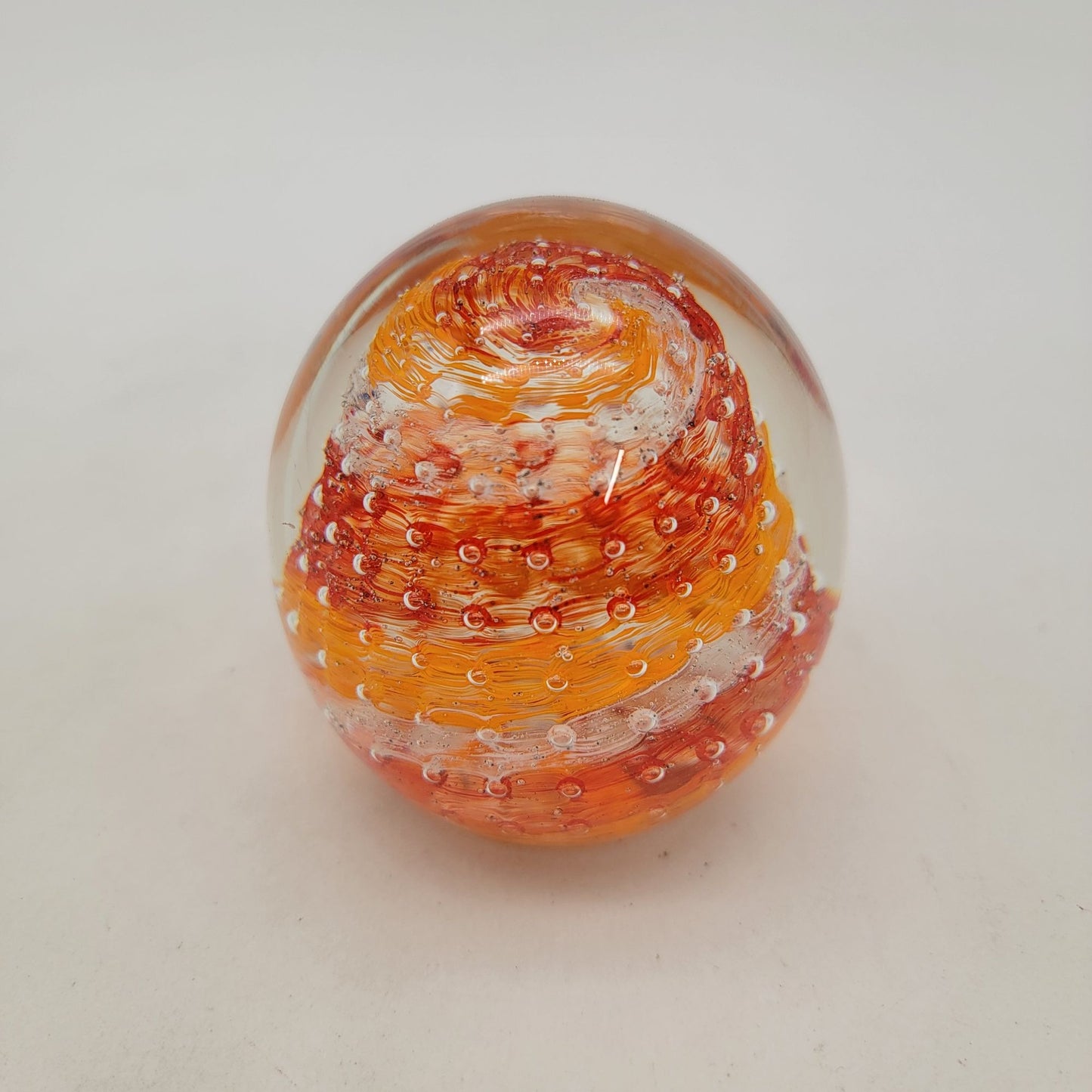 Art Glass Paperweight With Bullicante Controlled Bubbles Orange Red White Swirl