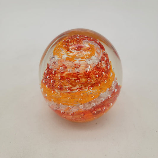 Art Glass Paperweight With Bullicante Controlled Bubbles Orange Red White Swirl
