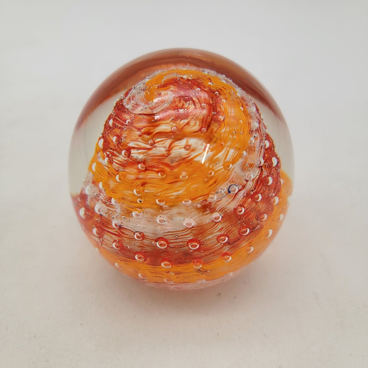 Art Glass Paperweight With Bullicante Controlled Bubbles Orange Red White Swirl