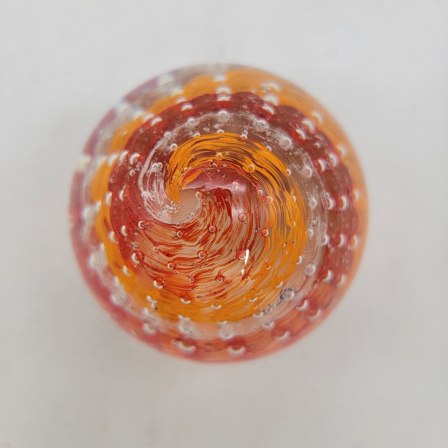 Art Glass Paperweight With Bullicante Controlled Bubbles Orange Red White Swirl
