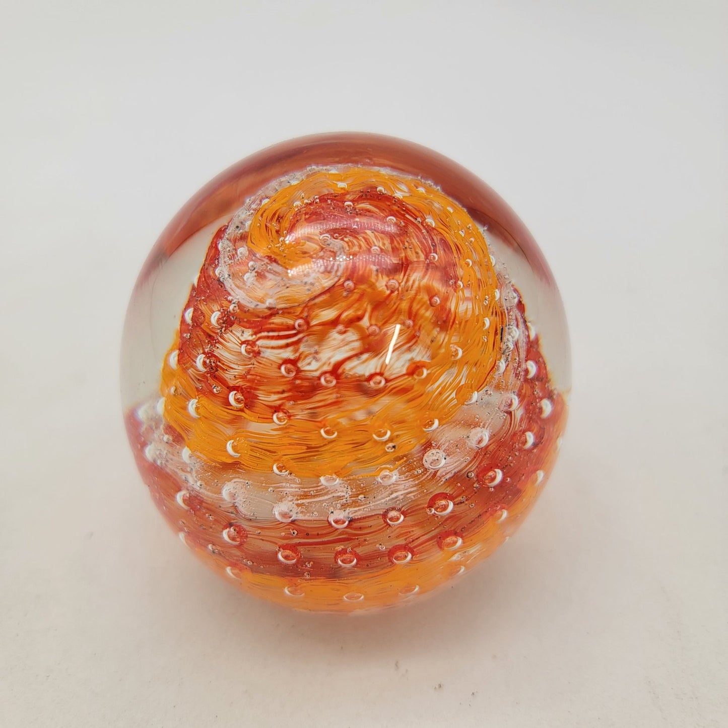 Art Glass Paperweight With Bullicante Controlled Bubbles Orange Red White Swirl