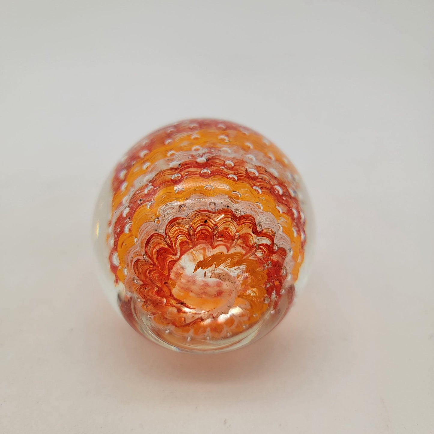 Art Glass Paperweight With Bullicante Controlled Bubbles Orange Red White Swirl
