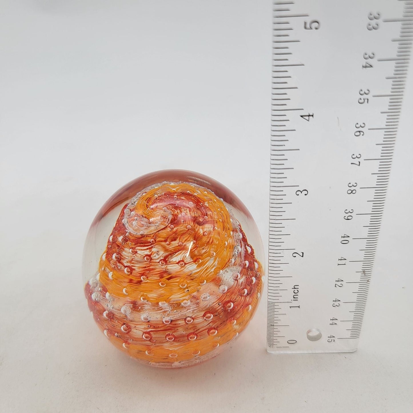 Art Glass Paperweight With Bullicante Controlled Bubbles Orange Red White Swirl